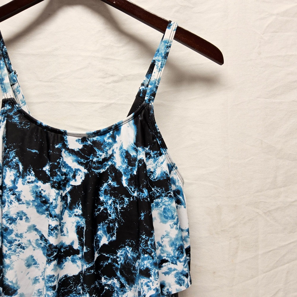 CORFRUTE Tankini Top Women XL Blue White Ocean‎ Wave Print Tiered Ruffle Flowy